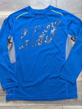 Nike Royal Blue Long Sleeve Dri-FIT Top with Camo Logo Boys Large